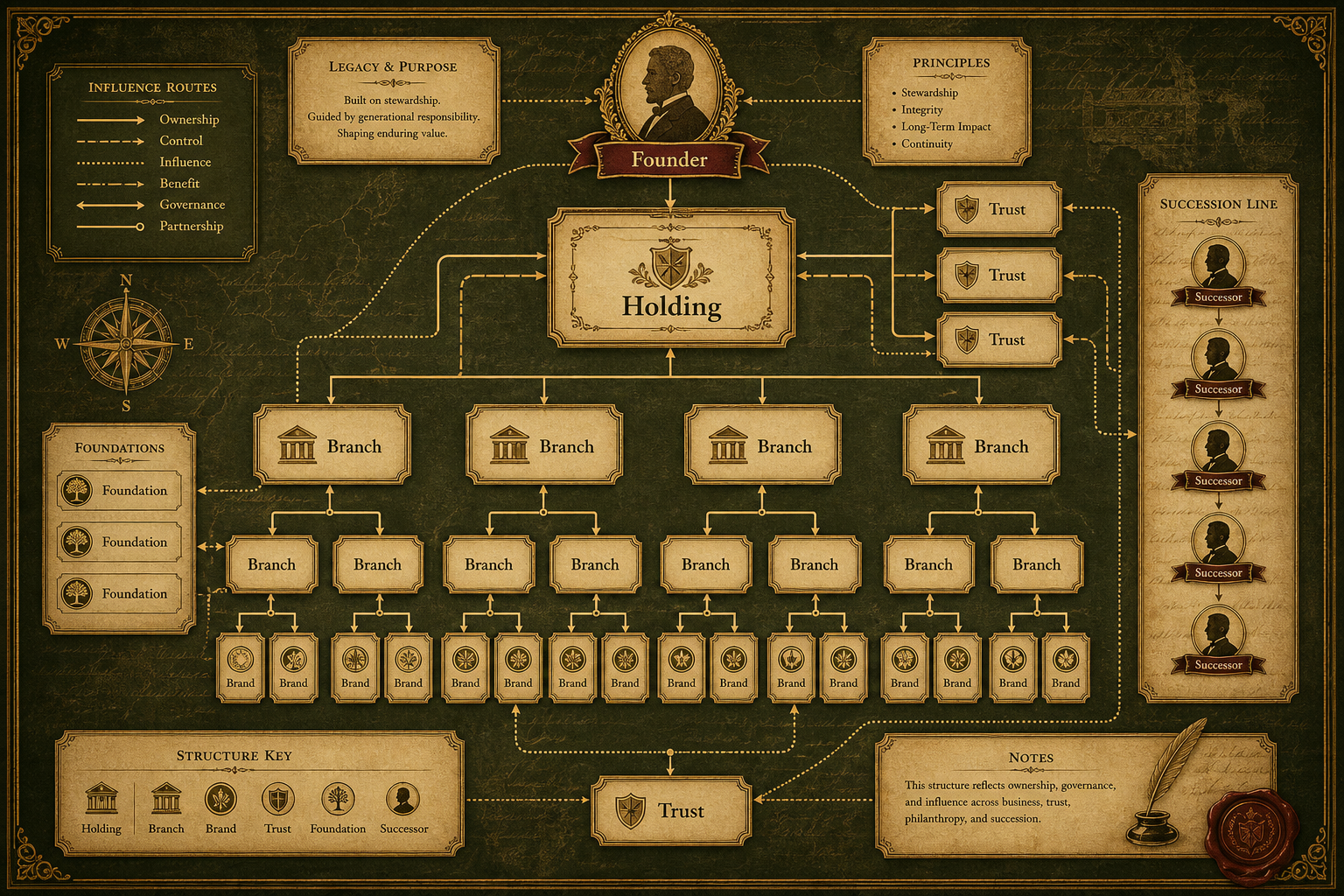 Illustrative corporate structure map with holding, branches, brands, trusts and successors